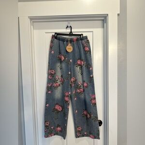 BiBi Floral Denim Pants - Blue and Pink